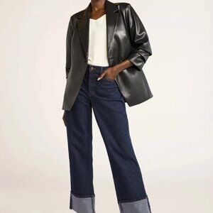 Scoop Womens Faux Leather Scrunch Sleeve One Button Blazer Jacket Black L(12-14)